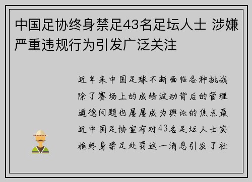 中国足协终身禁足43名足坛人士 涉嫌严重违规行为引发广泛关注