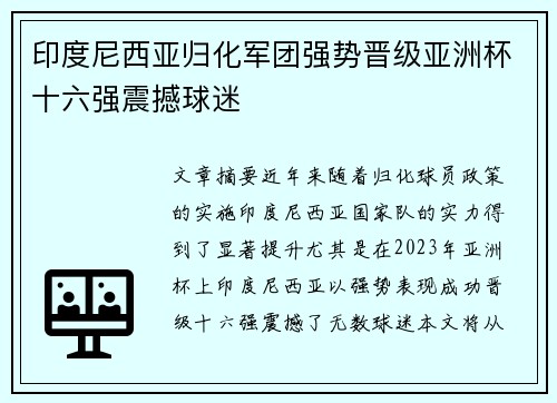 印度尼西亚归化军团强势晋级亚洲杯十六强震撼球迷