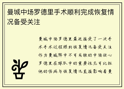 曼城中场罗德里手术顺利完成恢复情况备受关注
